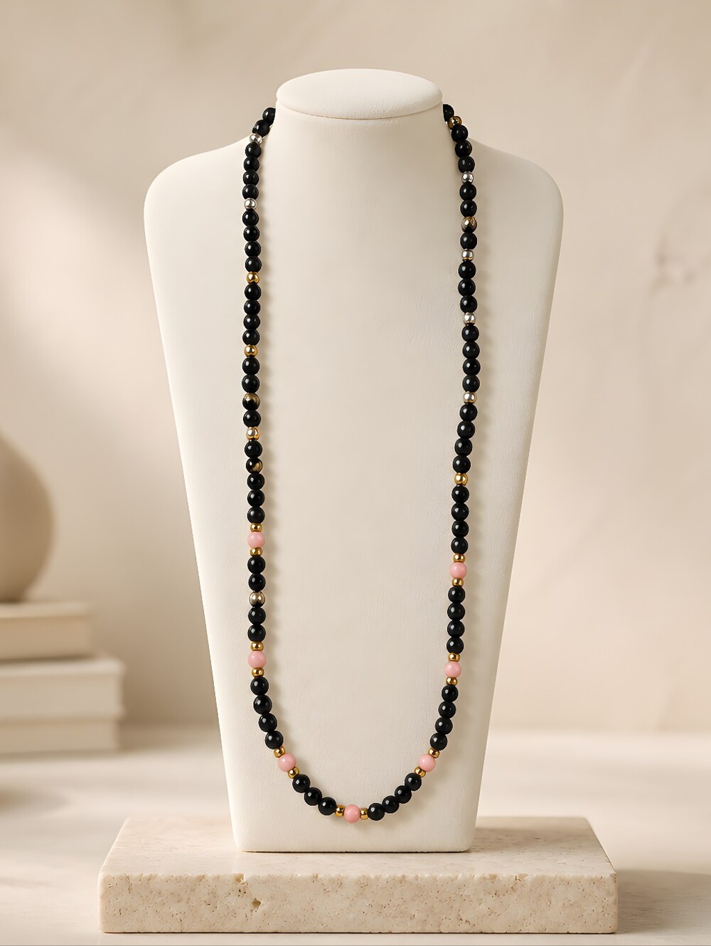 Black Onyx and Pink Coral Necklace 24"